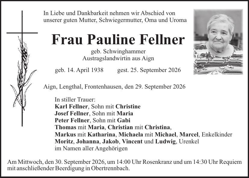 Traueranzeige Pauline Fellner