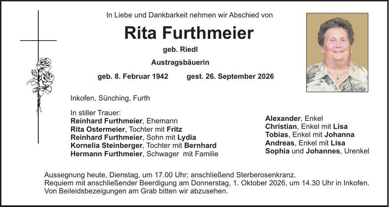 Traueranzeige Rita  Furthmeier