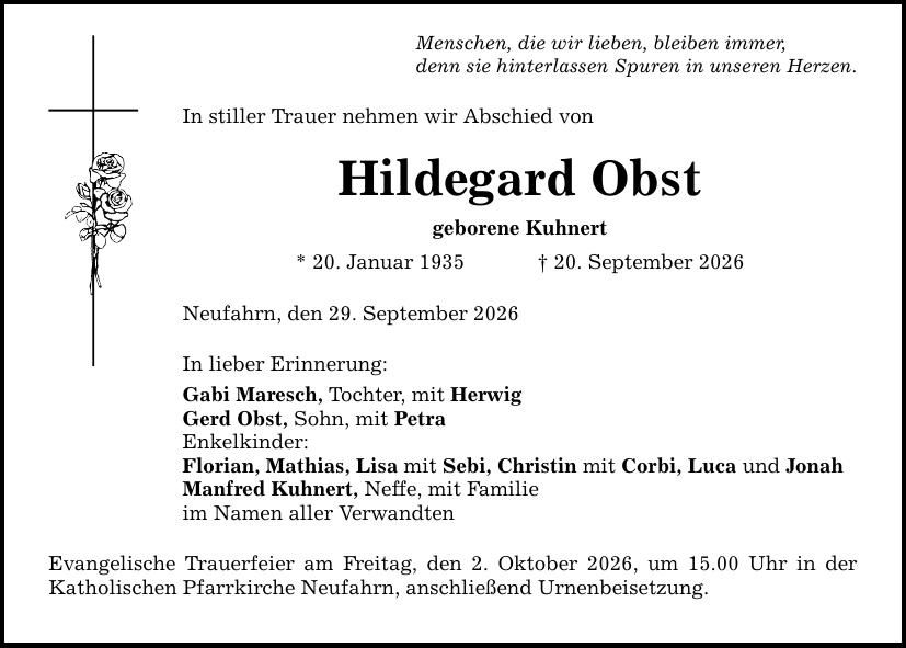 Traueranzeige Hildegard Obst