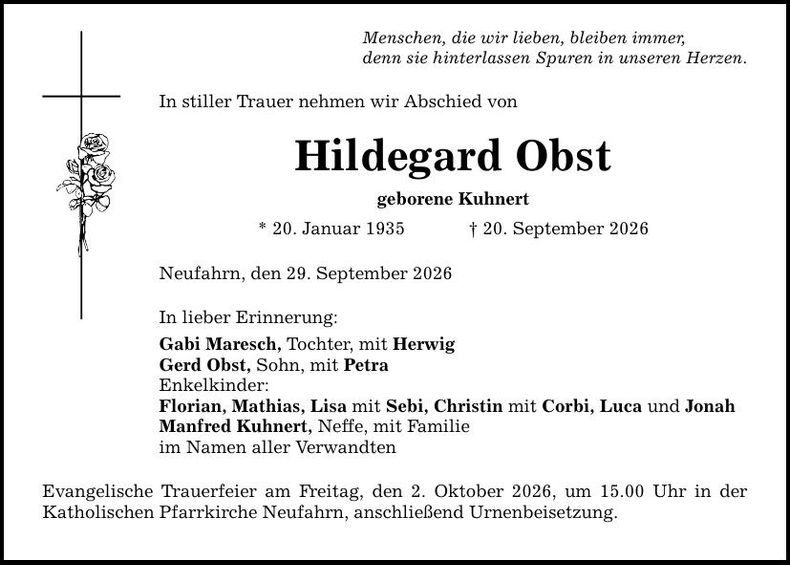 Traueranzeige Hildegard Obst