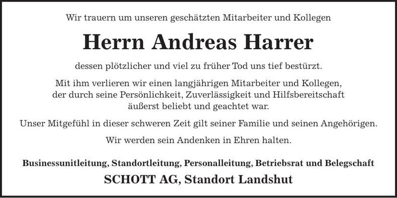 Traueranzeige Andreas  Harrer