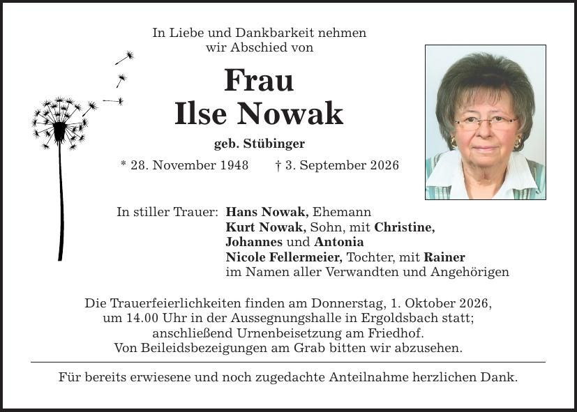 Traueranzeige Ilse Nowak