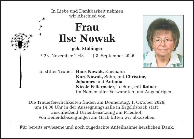 Traueranzeige Ilse Nowak