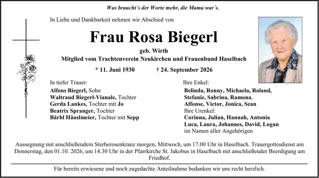 Traueranzeige Rosa Biegerl