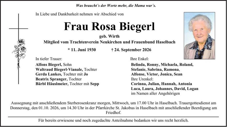 Traueranzeige Rosa Biegerl