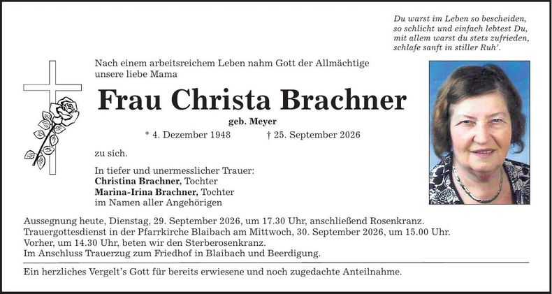 Traueranzeige Christa Brachner
