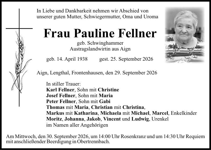 Traueranzeige Pauline Fellner