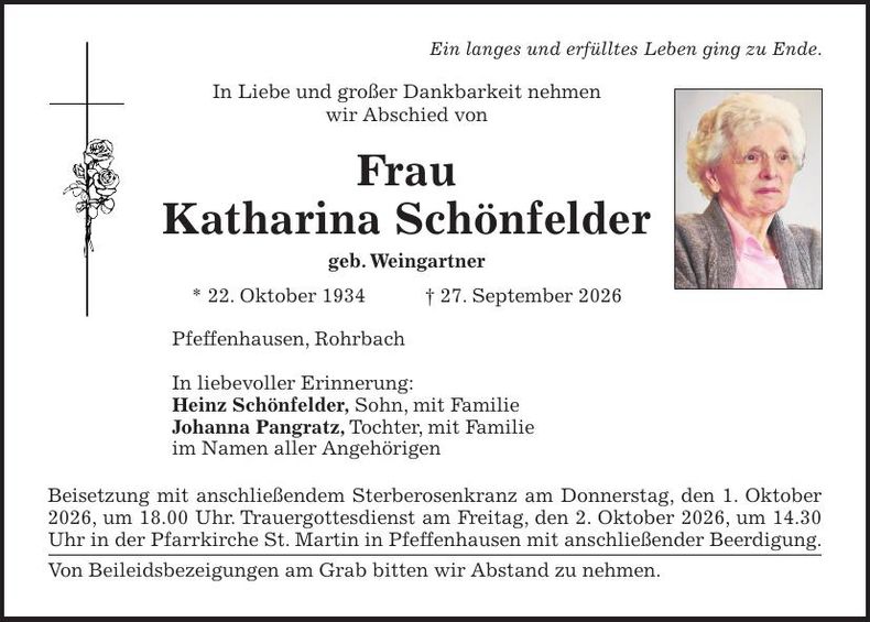 Traueranzeige Katharina Schönfelder