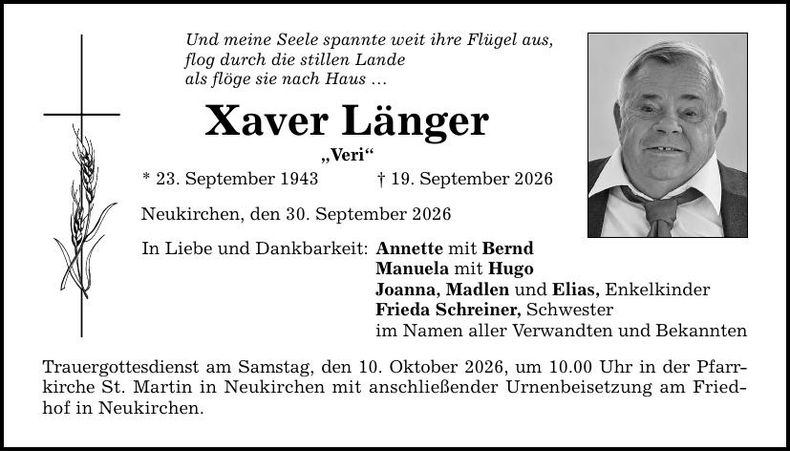 Traueranzeige Xaver Länger