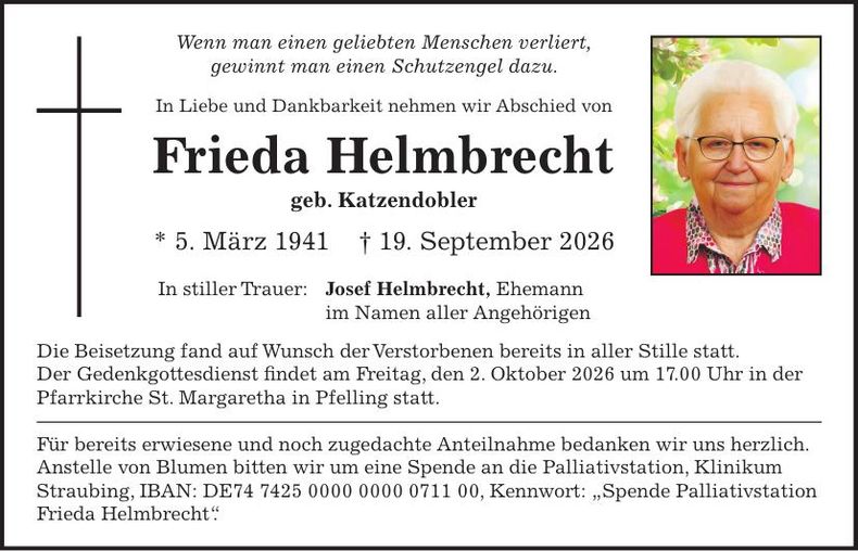Traueranzeige Frieda Helmbrecht