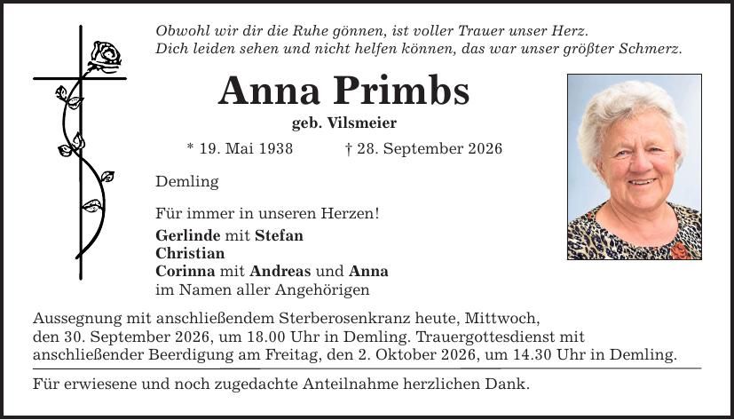Traueranzeige Anna Primbs
