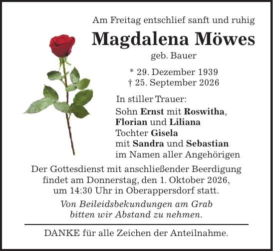 Traueranzeige Magdalena Möwes