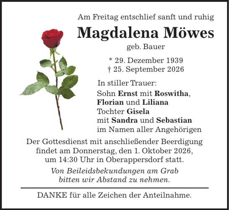 Traueranzeige Magdalena Möwes