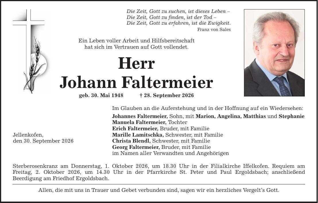 Traueranzeige Johann Faltermeier