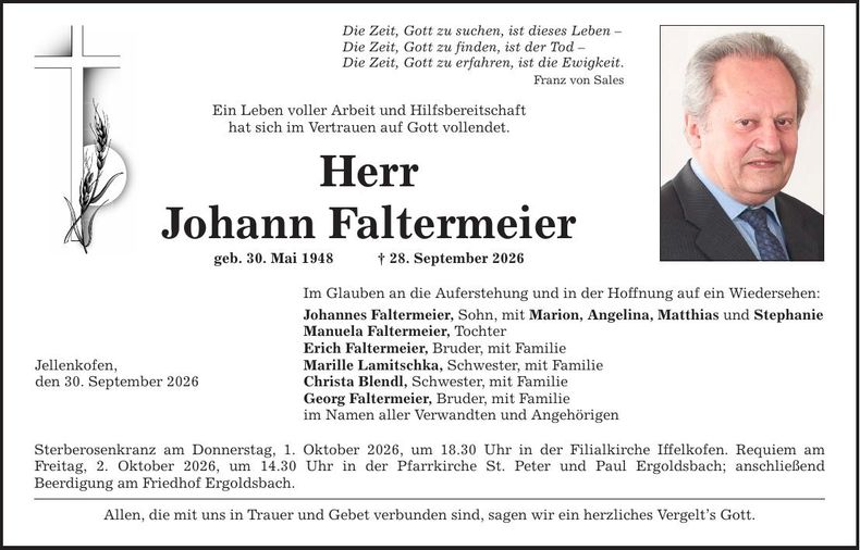 Traueranzeige Johann Faltermeier