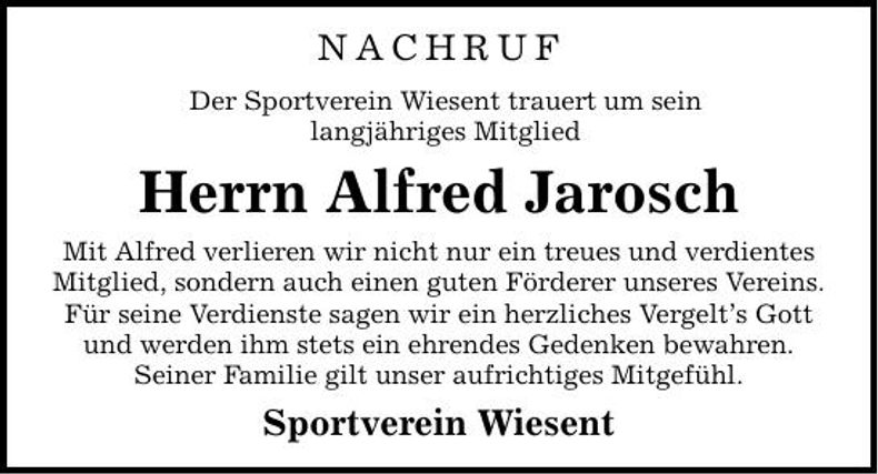 Traueranzeige Alfred Jarosch