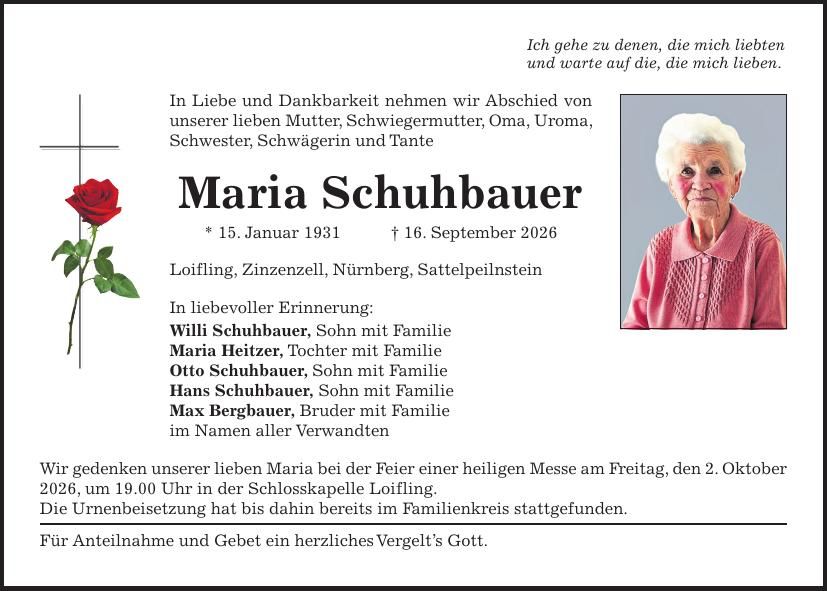 Traueranzeige Maria Schuhbauer