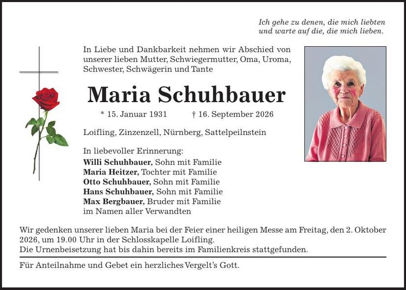 Traueranzeige Maria Schuhbauer