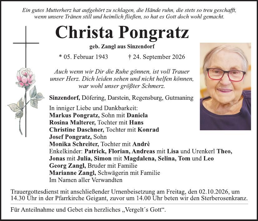 Traueranzeige Christa Pongratz