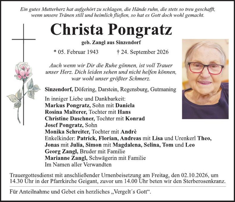 Traueranzeige Christa Pongratz