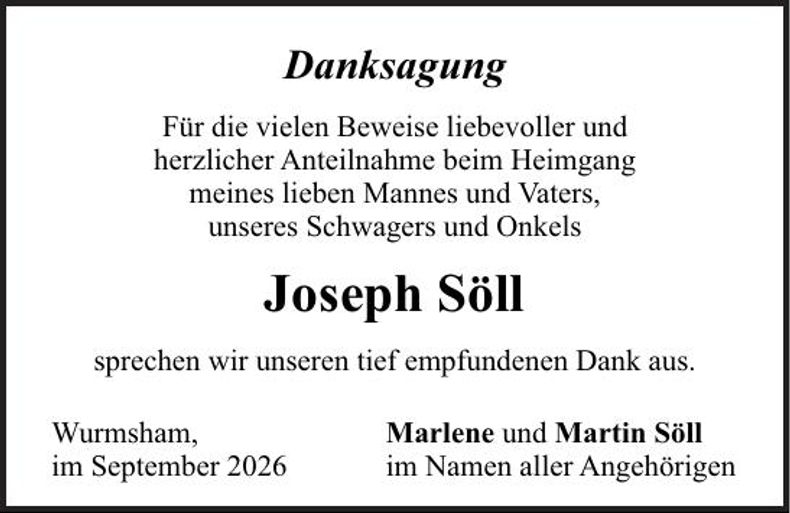 Traueranzeige Joseph Söll