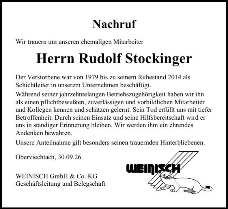 Traueranzeige Rudolf Stockinger 