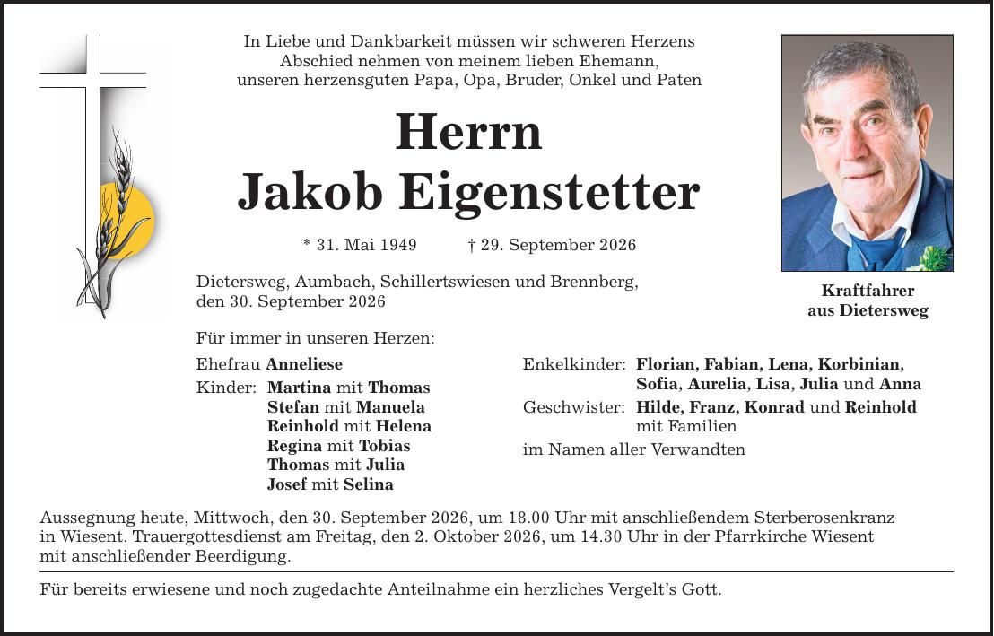 Traueranzeige Jakob Eigenstetter