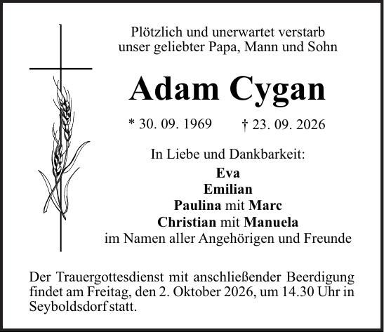 Traueranzeige Adam Cygan