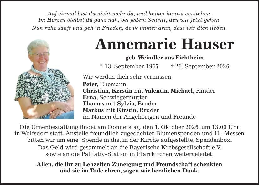 Traueranzeige Annemarie Hauser