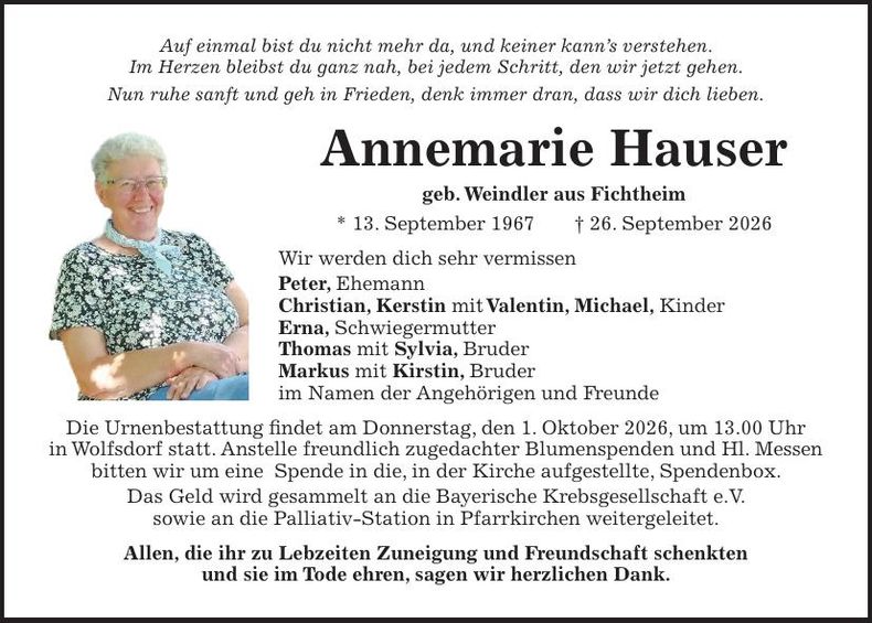Traueranzeige Annemarie Hauser 