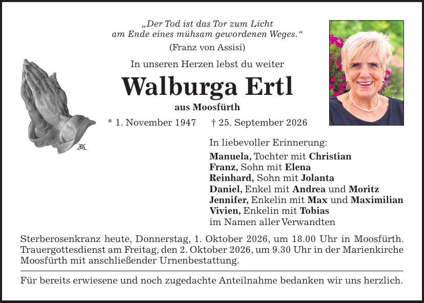 Traueranzeige Walburga Ertl
