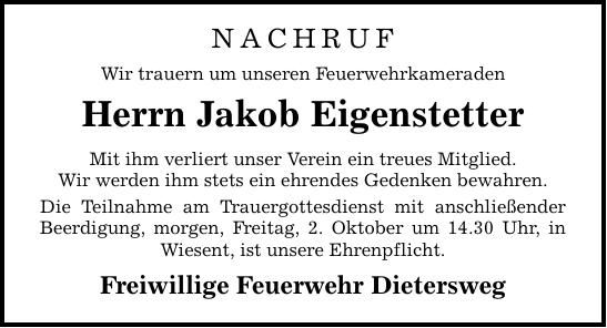 Traueranzeige Jakob Eigenstetter