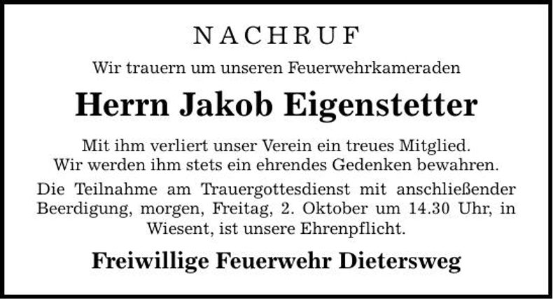 Traueranzeige Jakob Eigenstetter