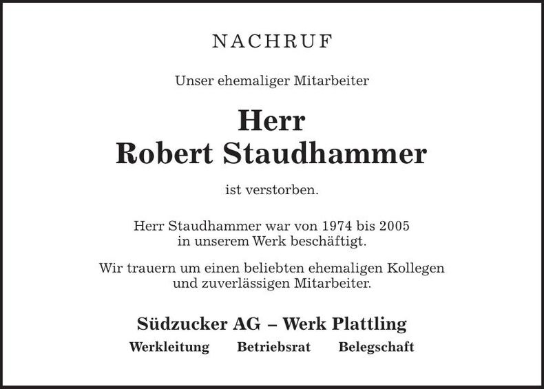 Traueranzeige Robert Staudhammer