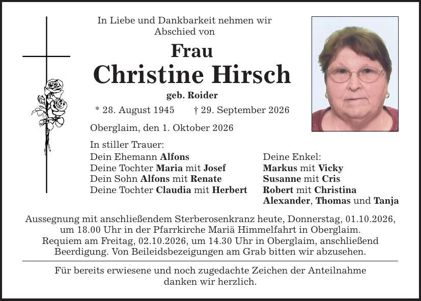 Traueranzeige Christine Hirsch