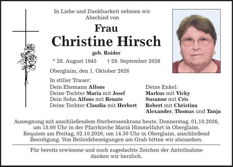 Traueranzeige Christine Hirsch