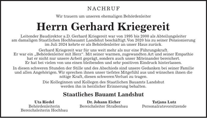 Traueranzeige Gerhard Kriegereit