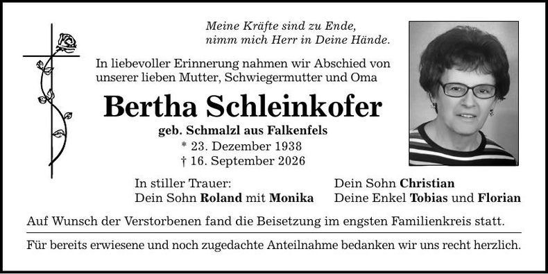 Traueranzeige Bertha  Schleinkofer