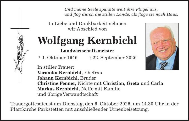 Traueranzeige Wolfgang Kernbichl