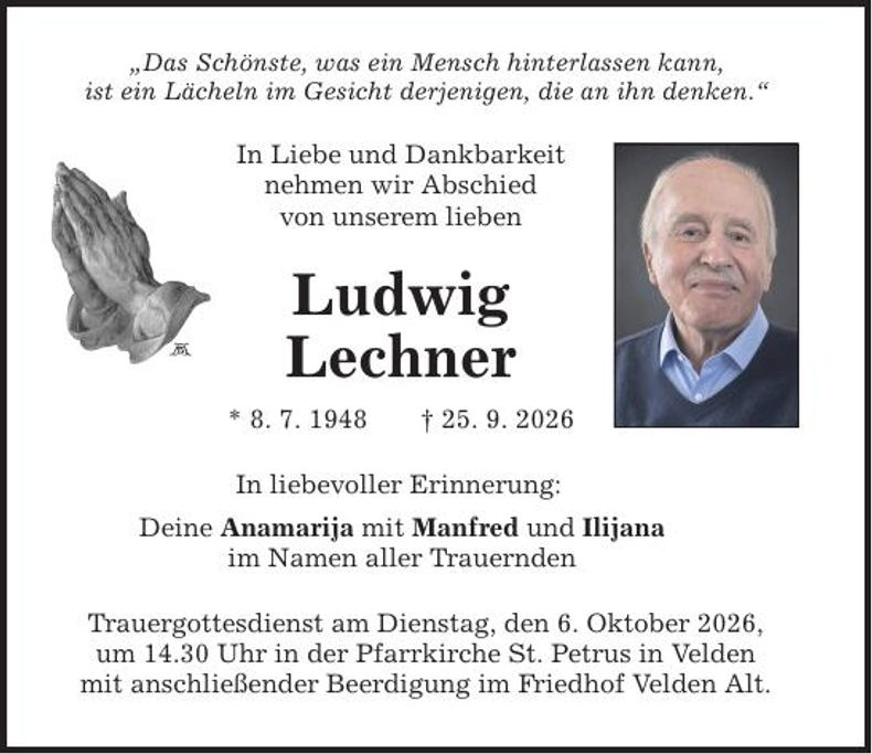 Traueranzeige Ludwig Lechner