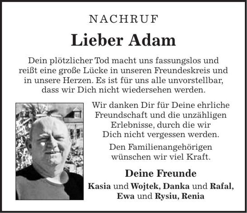 Traueranzeige Adam Cygan