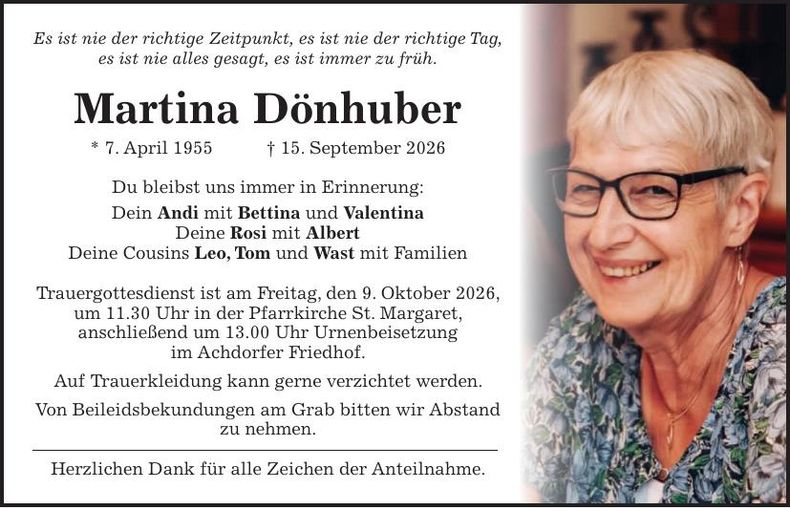 Traueranzeige Martina Dönhuber