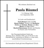 Traueranzeige Paula  Bäumel
