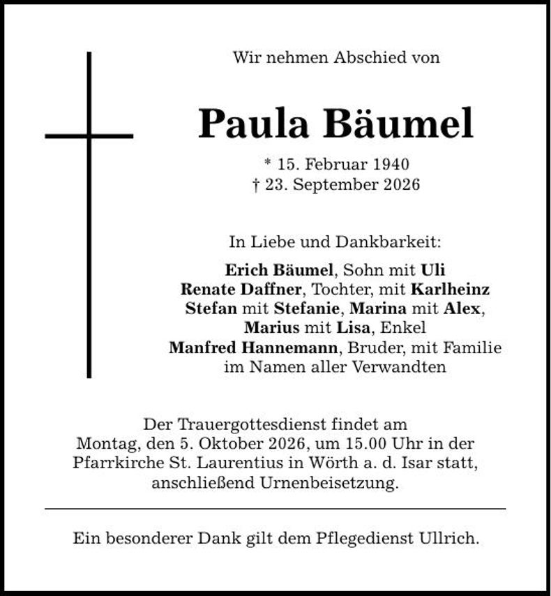 Traueranzeige Paula  Bäumel