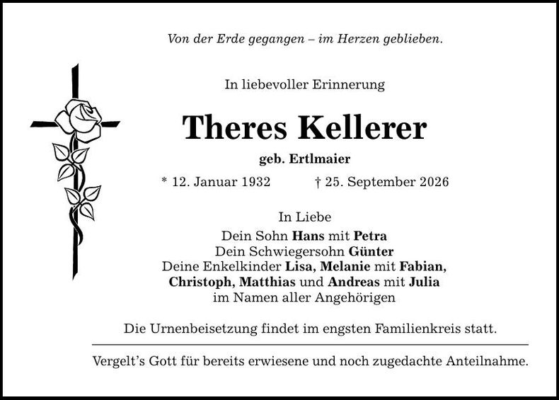 Traueranzeige Theres Kellerer
