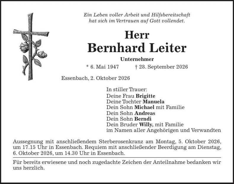 Traueranzeige Bernhard  Leiter