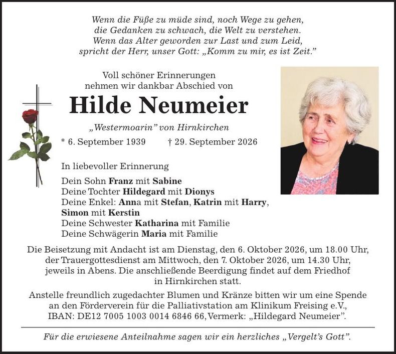 Traueranzeige Hilde Neumeier