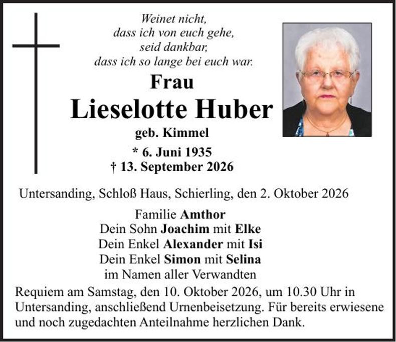 Traueranzeige Lieselotte Huber