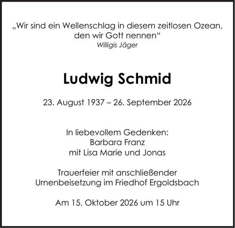 Traueranzeige Ludwig Schmid