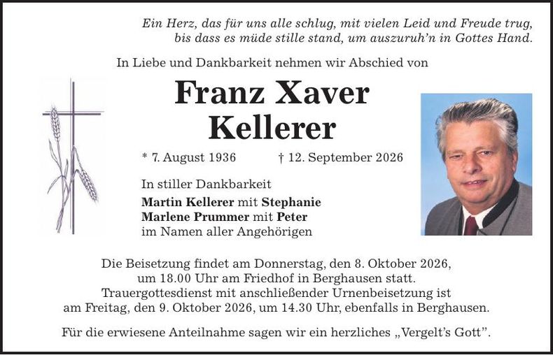 Traueranzeige Franz Xaver Kellerer